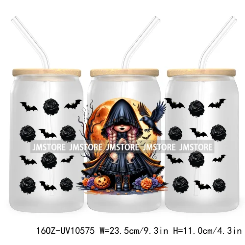 Gothic Girl Gnomes Halloween 16OZ UV Cup Wrap DTF Transfer Stickers For Libbey Glass Can Cups Tumbler Labels Spooky Bats Witch