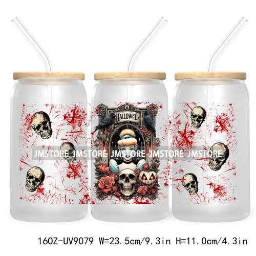 Spooky Halloween Princess 16OZ UV Cup Wrap DTF Transfer Sticker For Libbey Glass Can Cup Tumbler Waterproof Label Trick or Treat