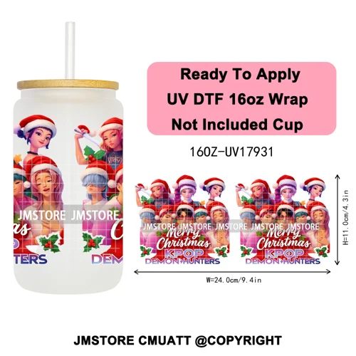 Kpop Demon Inspired Movie Christmas Santa Hat 16OZ UV DTF Cup Wrap Ready To Apply Durable Transfer Stickers For Libbey Glass Can