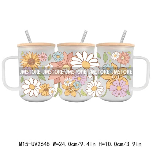 Floral Wildflowers Plants Butterfly UV DTF Glass Can Wrap For 15OZ Mug Coffee Cup Transfer Stickers DIY Custom Logo Labels