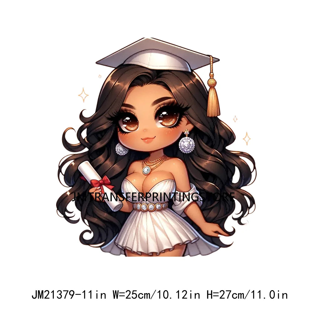 Cool Pretty Chibi Latina College Graduation Girls Educated Diploma Iron On DTF Transfer Stickers Ready To Press For T-shirts