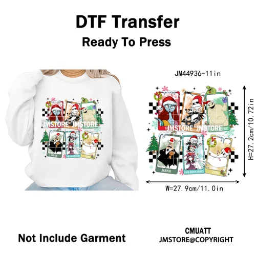 New Nightmare Horror Christmas Movie Characters Lover Iron on Washable DTF Heat Transfers Stickers Ready to Press for Clothes