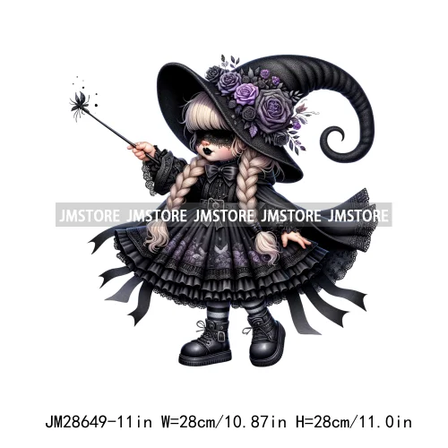 Gothic Girl Gnomes Halloween Witch Dolls Black Flowers Horror Vibes Iron On DTF Transfers Stickers Ready To Press For Clothing