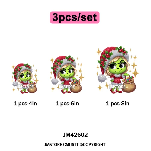 Faux Glitter Cartoon Christmas Movie Green Santa Kid Girly Xmas Iron on DTF Washable Transfer Sticker Ready to Press for Textile