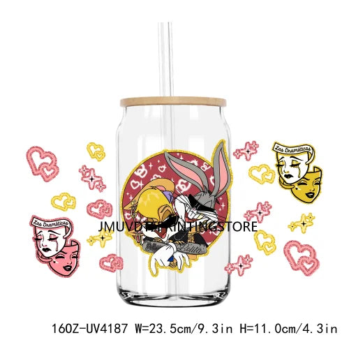 Cartoon Valentines Couple Love 16OZ UV DTF Cup Wrap Transfers Stickers Custom Labels DIY Waterproof Logo For Libbey Glass Can