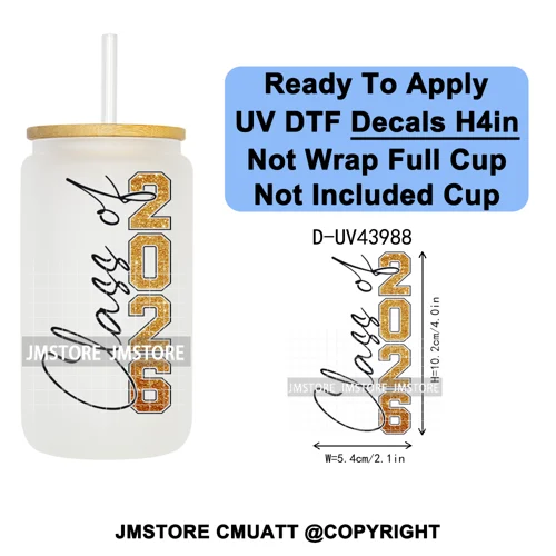Faux Glitter Senior 2026 School UV DTF Decals Ready To Apply Waterproof Transfer Stickers DIY Crafts For 16OZ Libbey Glass Can