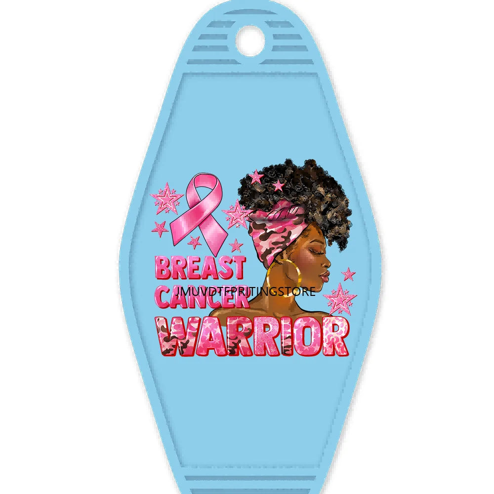 Breast Cancer Warrior Messy Bun High Quality WaterProof UV DTF Sticker For Motel Hotel Keychain Pink Awareness Ribbon