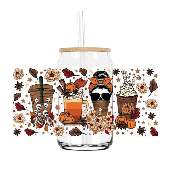 Fall Skull Coffee Girls 16OZ UV DTF Cup Wrap Transfers Stickers Custom Labels DIY Durable Waterproof Logo For Libbey Glass Can