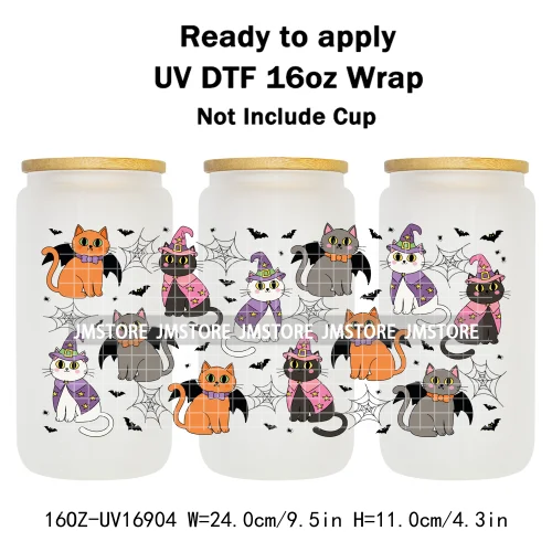 Spooky Season Halloween Pumpkin Ghost Witch Dogs UV DTF Wraps Transfer Sticker Selfadhesive Waterproof For 16OZ Libbey Glass Can