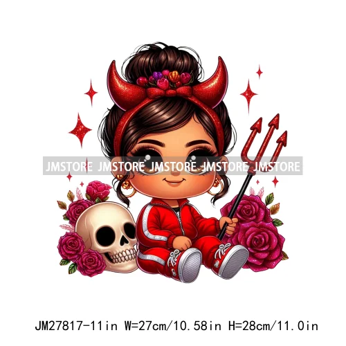 Chibi Cute Halloween Devil Latina Baby Hispanic Girls Skull Red Rose DTF Iron On Transfer Stickers Ready To Press For Sweatshirt