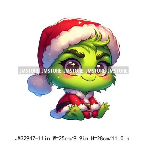 Cute Green Baby Cartoon Santa Claus Christmas Vibes Xmas Holiday Iron On DTF Transfers Stickers Ready To Press For Sweatshirts