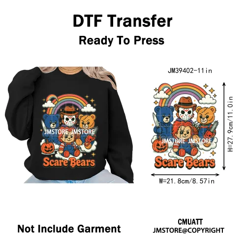 Scary Cartoon Halloween Horror Movies Trick Or Treat Logo Iron on DTF Washable Transfer Sticker Ready to Press for T-shirts Bags