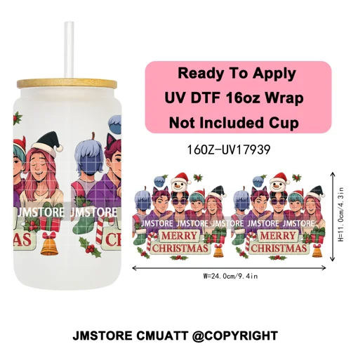 Kpop Demon Inspired Movie Christmas Santa Hat 16OZ UV DTF Cup Wrap Ready To Apply Durable Transfer Stickers For Libbey Glass Can