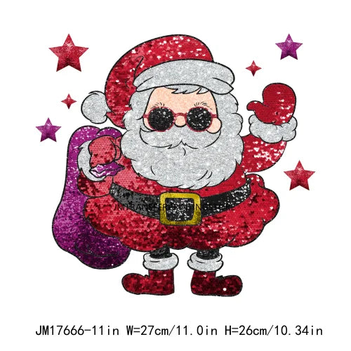 Faux Sequins Happy New Year 2024 Printing Santa Baby Reindeer Merry Christmas DTF Transfer Stickers Ready To Press For Hoodies