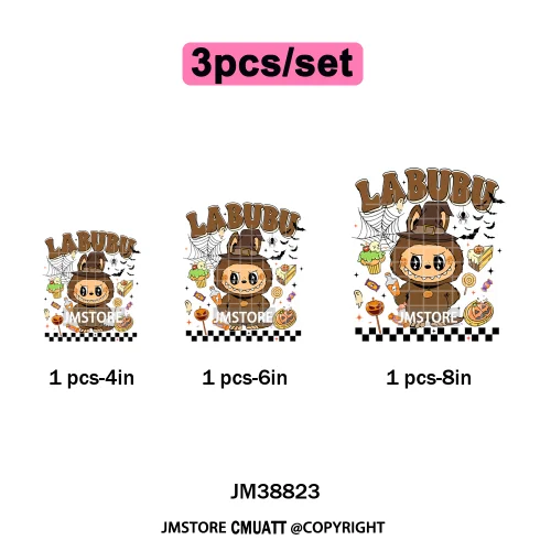 Cute Checkered Spooky Doll Monster Characters Halloween Iron on DTF Washable Heat Transfers Stickers Ready to Press for Textile
