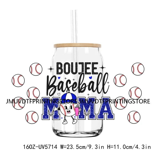 Glitter Boujee Baseball Mama UV DTF Sticker For 16OZ Libbey Glass Cup Can Wrap Transfer Sticker Custom DIY Logo Soccer Sport Mom