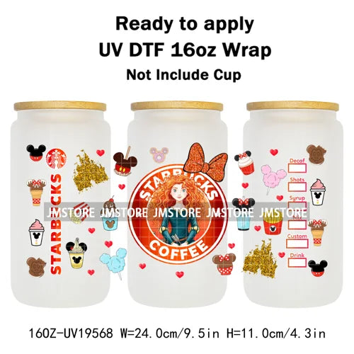 Faux Glitter Coffee Cartoon Princess Girly 16OZ UV DTF Cup Wraps Ready To Apply Waterproof Transfer Sticker For Libbey Glass Can