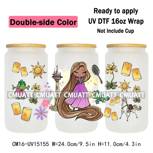 Double Sided Color UV DTF Cup Wraps 16OZ Bulk Waterproof Wholesale Custom Cartoon Cute Princess Mug Glass Water Bottles Sticker