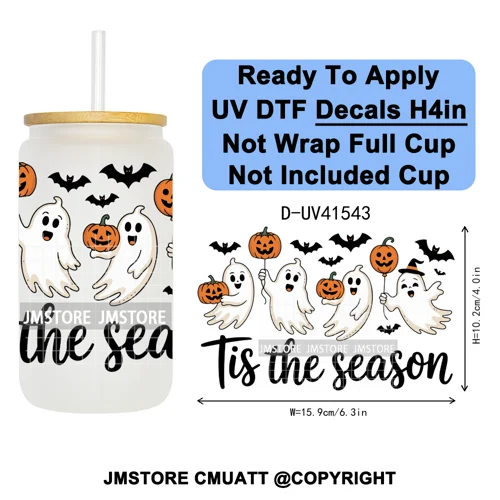 Spooky Highland Cow Halloween Ghosts Pumpkin UV DTF Decals Ready To Apply Waterproof Transfer Stickers For 16OZ Libbey Glass Can