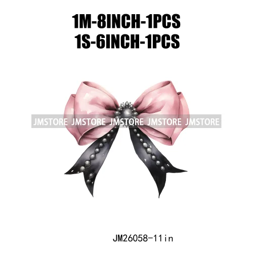 Trendy New Girl Pink Black Polka Dots Ribbons Coquette Bows Washable DTF Iron On Transfer Stickers Ready To Press For Clothing