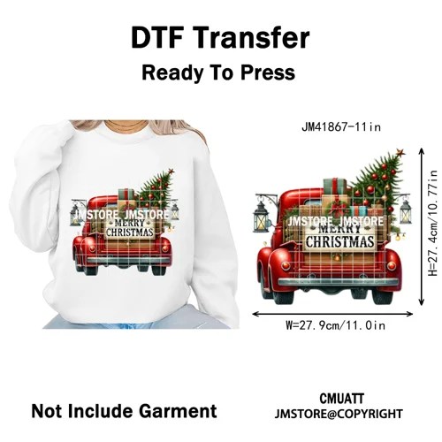 Christmas Pickup Truck Car Winter Tree Snowy Holiday Decoration Iron on DTF Heat Transfers Stickers Ready to Press for Clothing