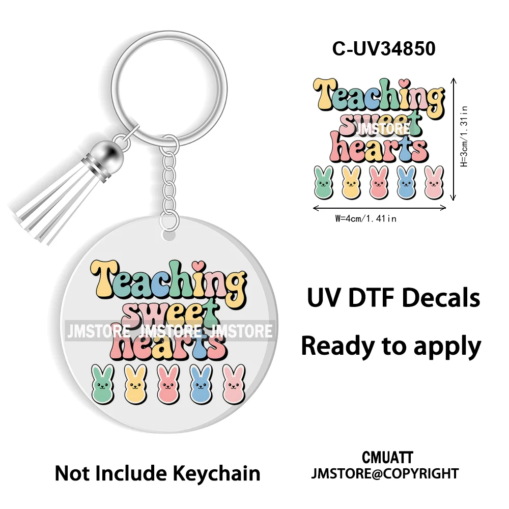 Happy Easter School Teacher Life Retro Coquette Easter Bunny WaterProof UV DTF Sticker For Round Circle Acrylic Keychain Keyring