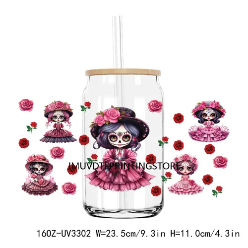 Mexican Sugar Skull And Rose Woman 16OZ UV DTF Cup Wrap Transfer Stickers Custom Labels DIY Waterproof Logo For Libbey Glass Can