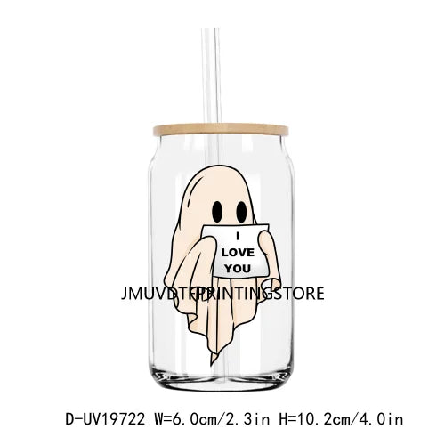 Spooky Ghost With Hearts Valentines Day UV DTF Transfers Stickers Decals For Libbey Cold Cups Mugs Tumbler Waterproof DIY Logo