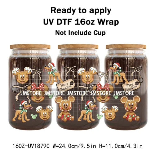 Cartoon Christmas Gingerbread Cookie 16OZ UV DTF Cup Wraps Ready To Apply Waterproof Transfer Stickers For Libbey Glass Can Mugs