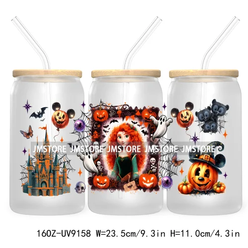 New Trendy Cartoon Princess Halloween 16OZ UV Cup Wrap DTF Transfer Stickers For Libbey Glass Can Cups Tumbler Waterproof Labels