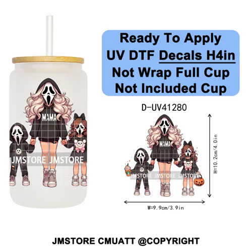 Family Halloween Horror Mama UV DTF Transfer Stickers Decals Ready To Apply Waterproof For 16OZ Libbey Glass Can Cups Tumbler