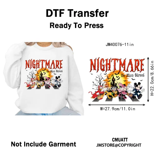 Nightmare on Main Street Pumpkin Spooky Halloween Cartoon Season Iron on DTF Heat Transfers Stickers Ready to Press for Hoodies