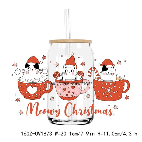 Merry Christmas Sequin 16OZ UV DTF Cup Wrap Transfers Stickers Custom Labels DIY Durable Waterproof Logo For Libbey Glass Can