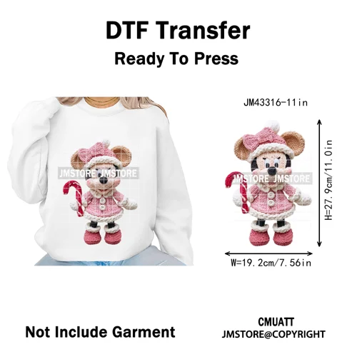 Faux Yarn Very Merry Christmas Mouse Friends Cartoon Santa Iron on Washable DTF Transfers Stickers Ready to Press for Clothing