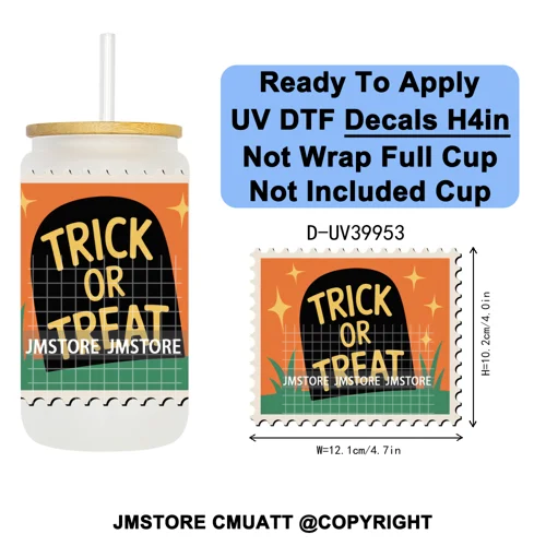 Halloween Stamps Trick Or Treat UV DTF Decals Ready To Apply Waterproof Transfer Stickers DIY Crafts For 16OZ Libbey Glass Can