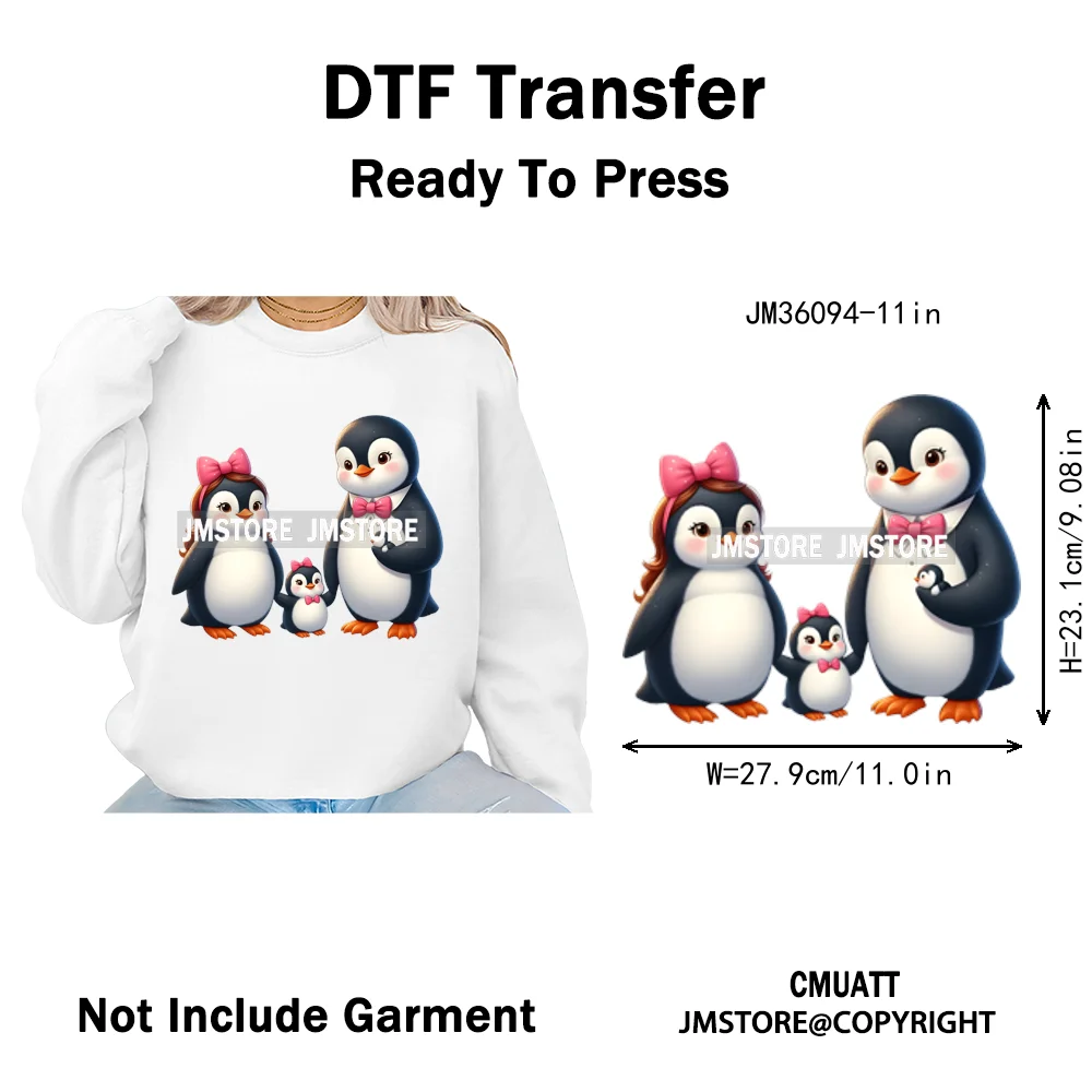 Cute Animal Penguins Coquette Hat Family Mom Father Baby Lovers Iron on DTF Heat Transfer Stickers Ready to Press for Hoodies