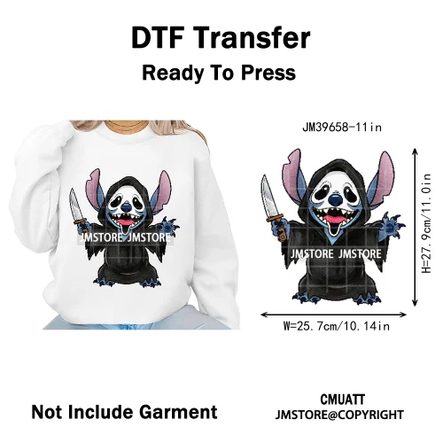 Spooky Scary Cute Cartoon Blue Animal Halloween Horror Vibes Iron on DTF Washable Transfers Stickers Ready to Press for Clothing