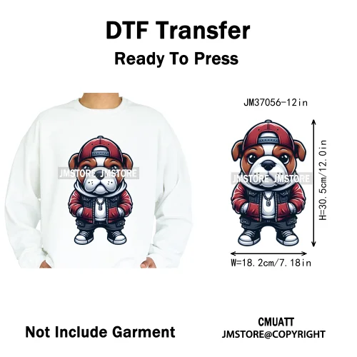 12in Streetwear Vibes Rich Cool Cartoon Bulldog King Designs Washable Iron on DTF Transfers Stickers Ready to Press for Clothes