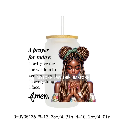 Christian Quotes Afro Pray Girl UV DTF Transfer Stickers Decals Ready To Apply Waterproof For 16OZ Libbey Glass Can Cups Tumbler