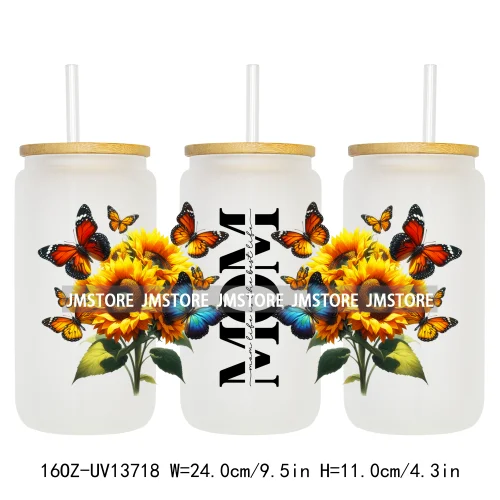 Strong Mom Butterfly Floral Mother's Day 16OZ UV DTF Cup Wraps Ready To Apply Waterproof Transfer Stickers For Libbey Glass Can