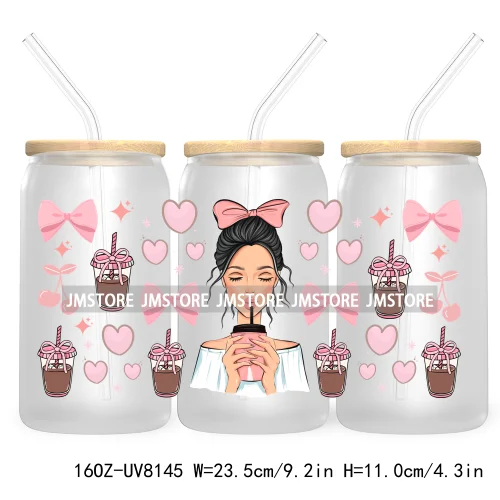 Iced Coffee Girly 16OZ UV DTF Cup Wrap Transfer Stickers Custom Labels Durable Waterproof Logo For Libbey Glass Can Coquette Bow