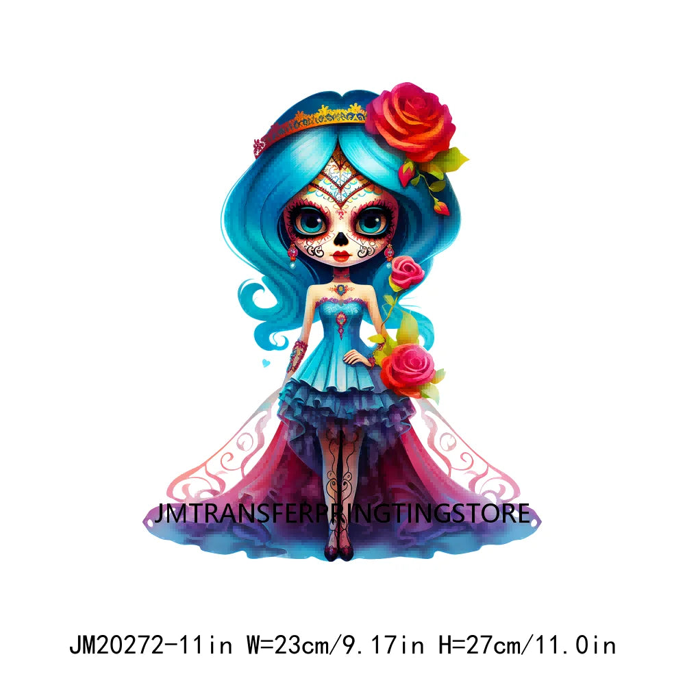 Cute Doll La Catrina Day Of The Dead Sugar Skull Mexican Halloween Iron On DTF Transfer Stickers Ready To Press For Hoodies Bags