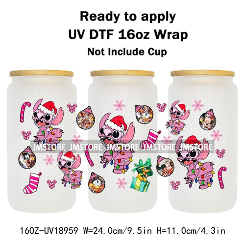 Festive Mouse Christmas Candy Cane 16OZ UV DTF Cup Wraps Ready To Apply Waterproof Transfer Stickers For Libbey Glass Can Bottle