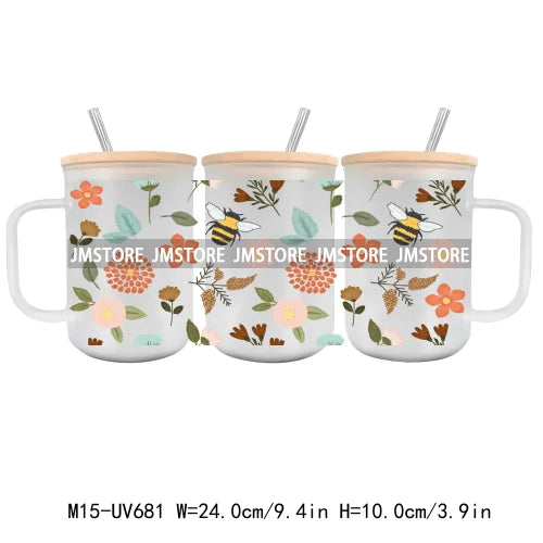 Floral Wildflowers Plants Butterfly UV DTF Glass Can Wrap For 15OZ Mug Coffee Cup Transfer Stickers DIY Custom Logo Labels