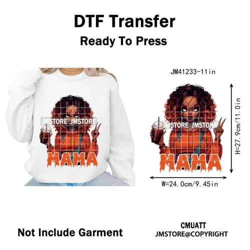 Black Girls Coffee Drinking Halloween Scary Movie Killer Mama Iron on Washable DTF Transfers Stickers Ready to Press for Clothes