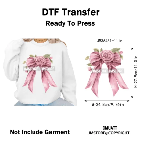 Pink Bow Silk Wedding Coquette Girl Ribbon Tied Printing Iron on DTF Thermal Transfers Stickers Ready to Press for Clothing Bags