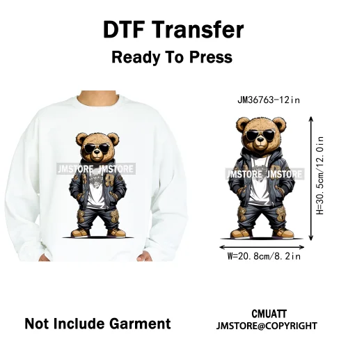 12in Cool Retro Urban Streetwear Graffiti Hip Hop Teddy Bear Iron On DTF Washable Transfers Stickers Ready to Press For Clothing