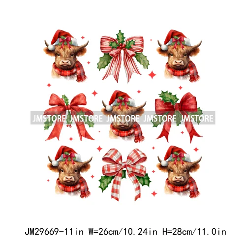 Christmas Santa Red Coquette Highland Cow Xmas Holly Jolly Vibes Iron On DTF Transfers Stickers Ready To Press For T-shirts