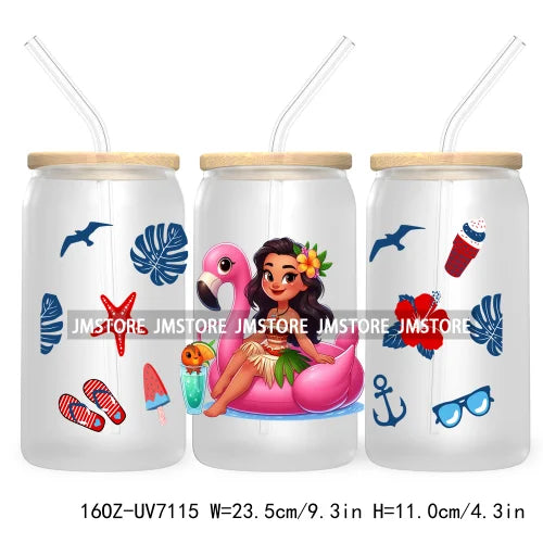 Cartoon Princess's Summer Vacation 16OZ UV DTF Cup Wrap Transfers Stickers For Libbey Glass Can Cups Tumbler Waterproof Craft