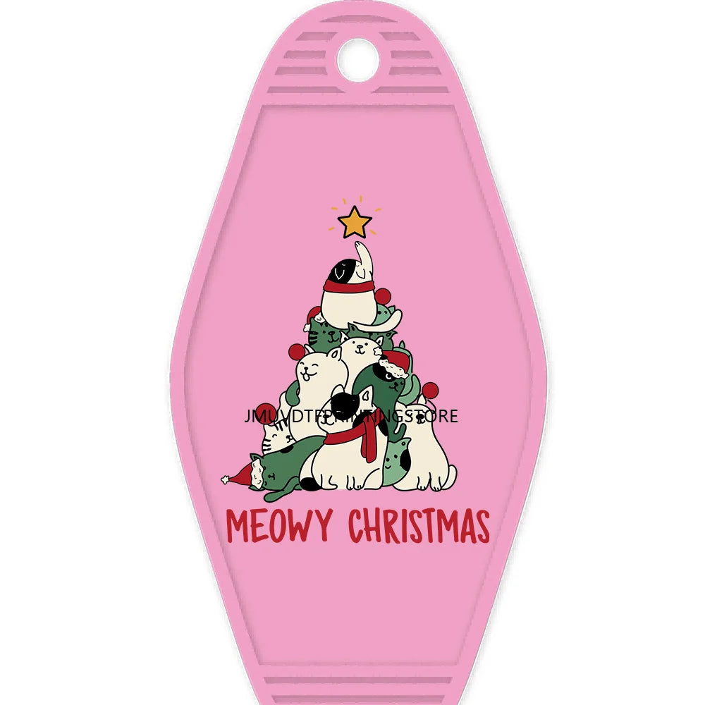 Faux Tis The Season Christmas Tree High Quality WaterProof UV DTF Sticker For Motel Hotel Keychain Highland Cow With Santa Hat